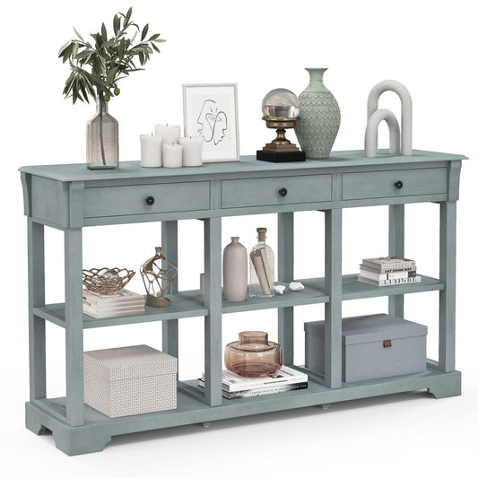 58" Retro Console Table with 3 Drawers and Open Shelves Rectangular Entryway Table, Blue - Gallery Canada