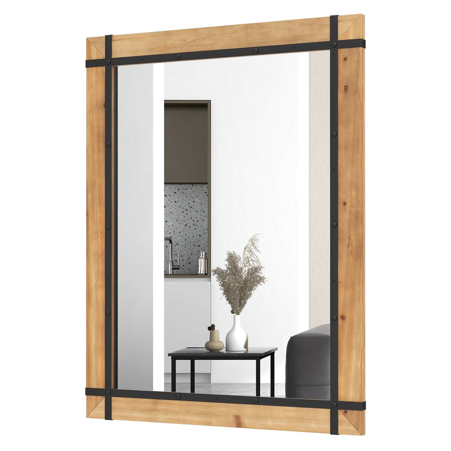 30 x 40 Inch Wall Mounted Mirror with Fir Wood Frame, Natural
