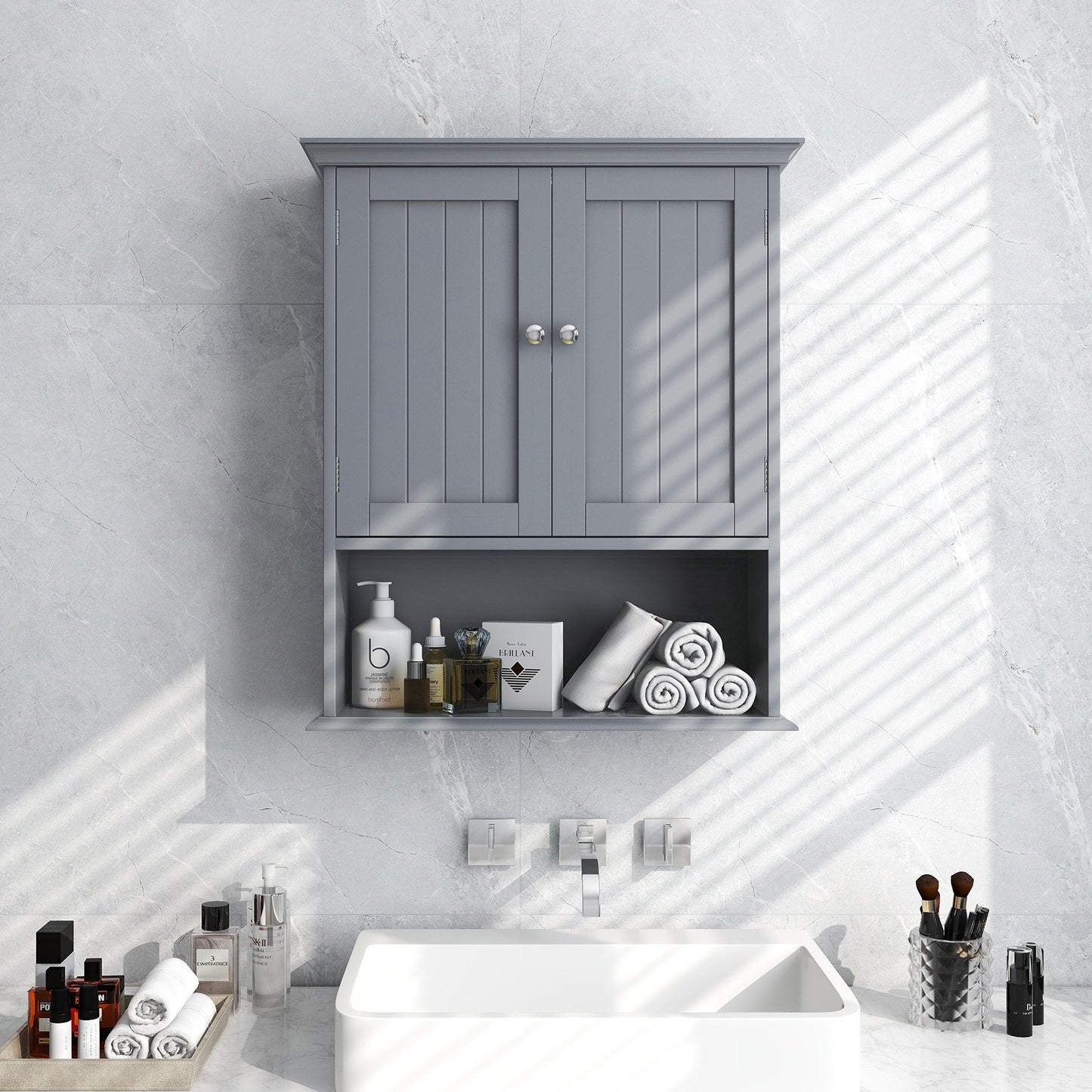 Wall Mount Bathroom Cabinet Storage Organizer with Doors and Shelves, Gray