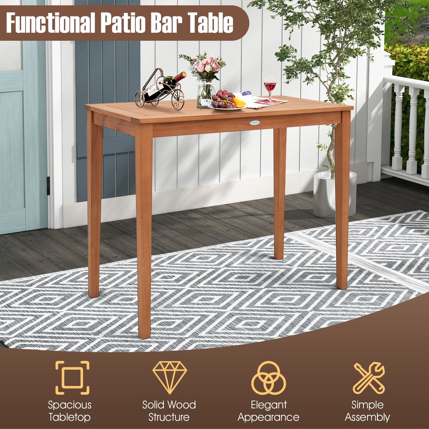 48 Inch x 24 Inch Rectangular Outdoor Eucalyptus Wood Bar Table for 4 People, Natural Patio Coffee Tables at Gallery Canada