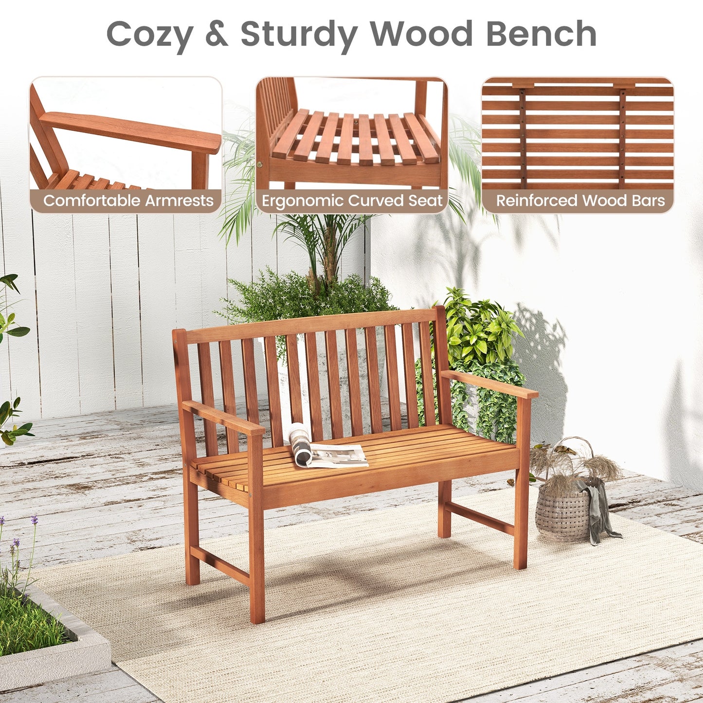 2-Seat Patio Wood Bench with Cozy Armrests and Backrest, Natural Outdoor Benches at Gallery Canada