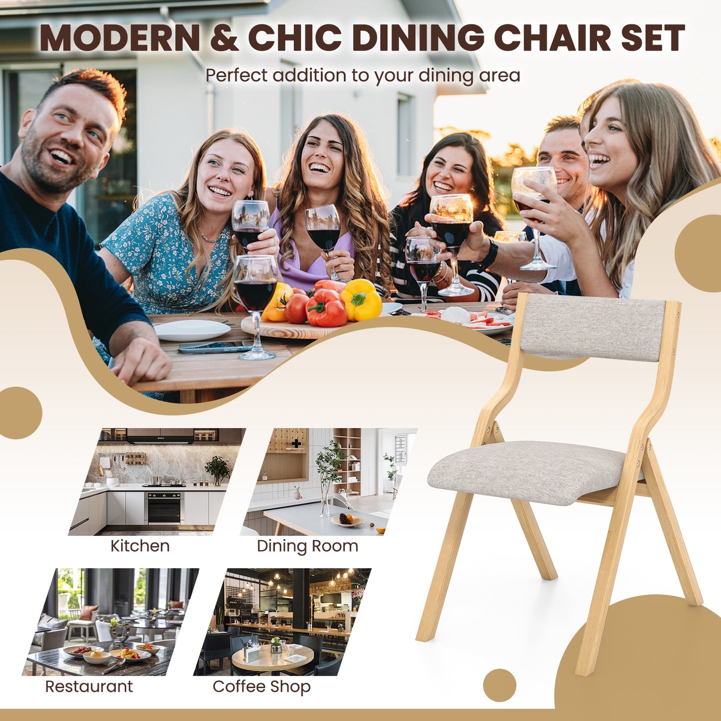 Wooden Folding Dining Chair Set, Linen Fabric Padded Seat, Natural Dining Chairs at Gallery Canada