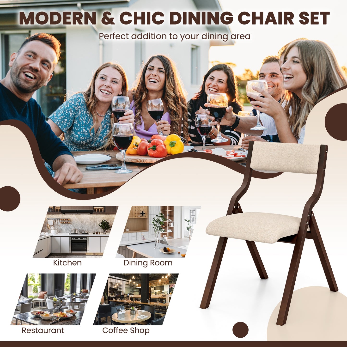 Wooden Folding Dining Chair Set, Linen Fabric Padded Seat, Coffee Dining Chairs at Gallery Canada
