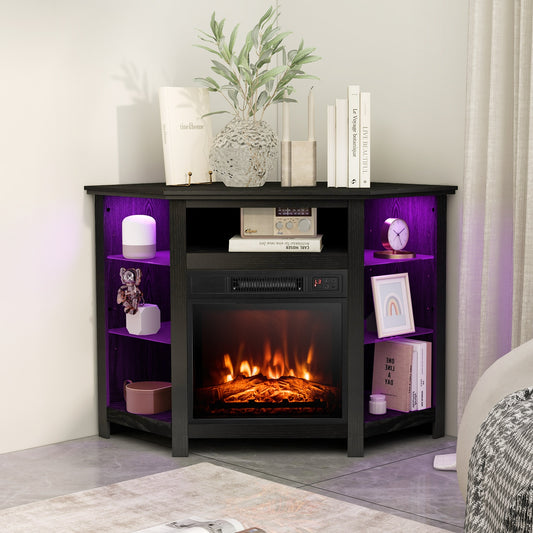 Corner TV Stand With LED Lights, Smart App Control, 50 Inches, Black Entertainment Centers & TV Stands Black at Gallery Canada