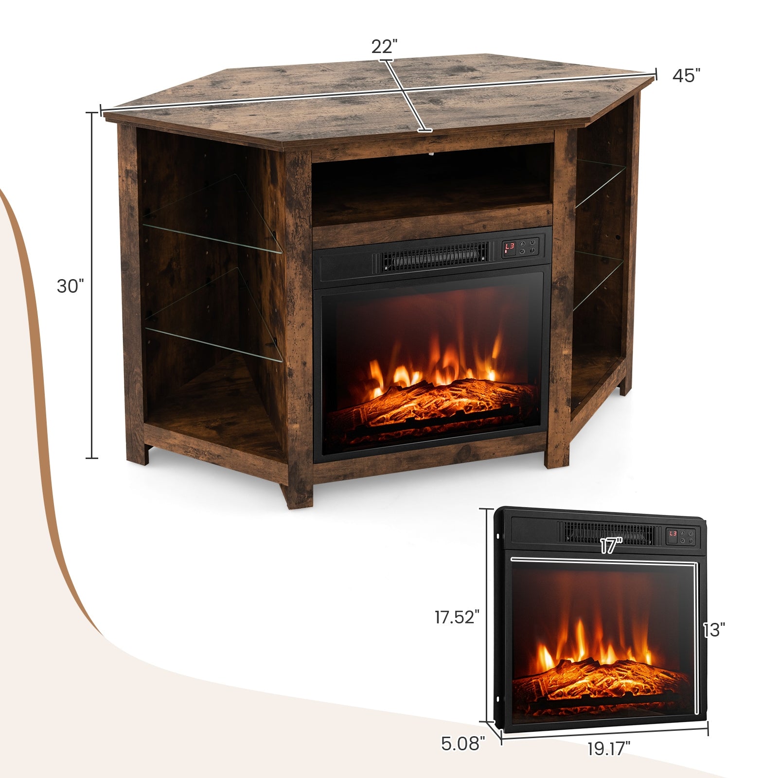 Fireplace Corner TV Stand with LED Lights and Smart APP Control for 50 Inches TV, Rustic Brown Entertainment Centers & TV Stands at Gallery Canada