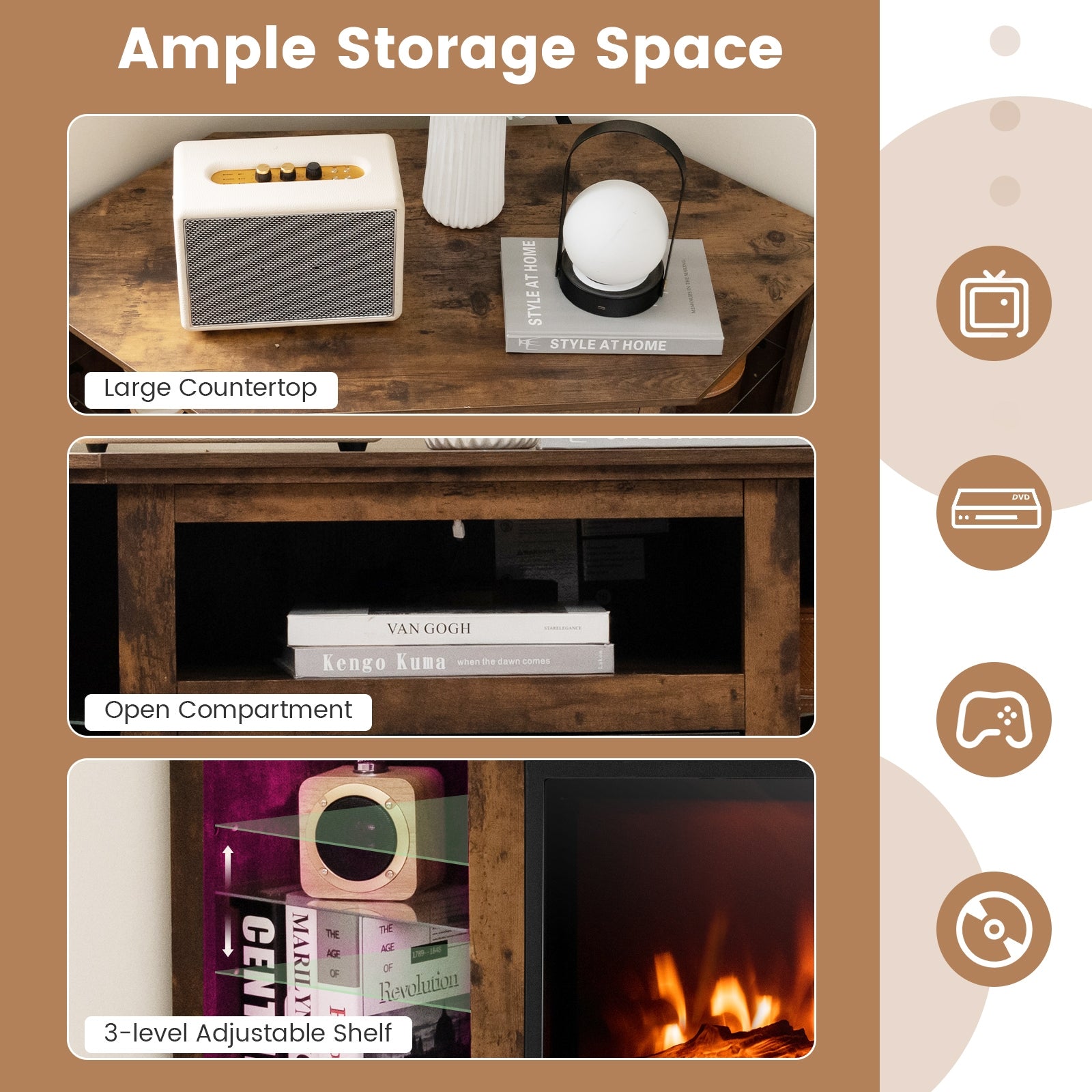 Fireplace Corner TV Stand with LED Lights and Smart APP Control for 50 Inches TV, Rustic Brown Entertainment Centers & TV Stands at Gallery Canada