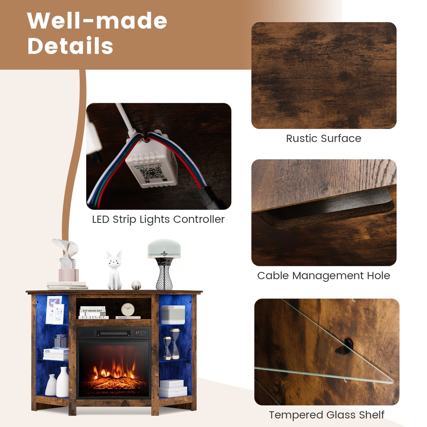 Corner TV Stand With LED Lights, Smart App Control, 50 Inches, Brown Entertainment Centers & TV Stands at Gallery Canada