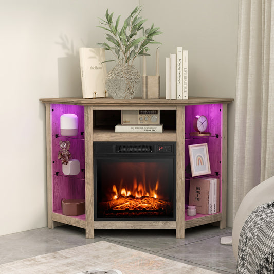 Corner TV Stand With LED Lights, Smart App Control, 50 Inches, Gray Entertainment Centers & TV Stands Gray at Gallery Canada