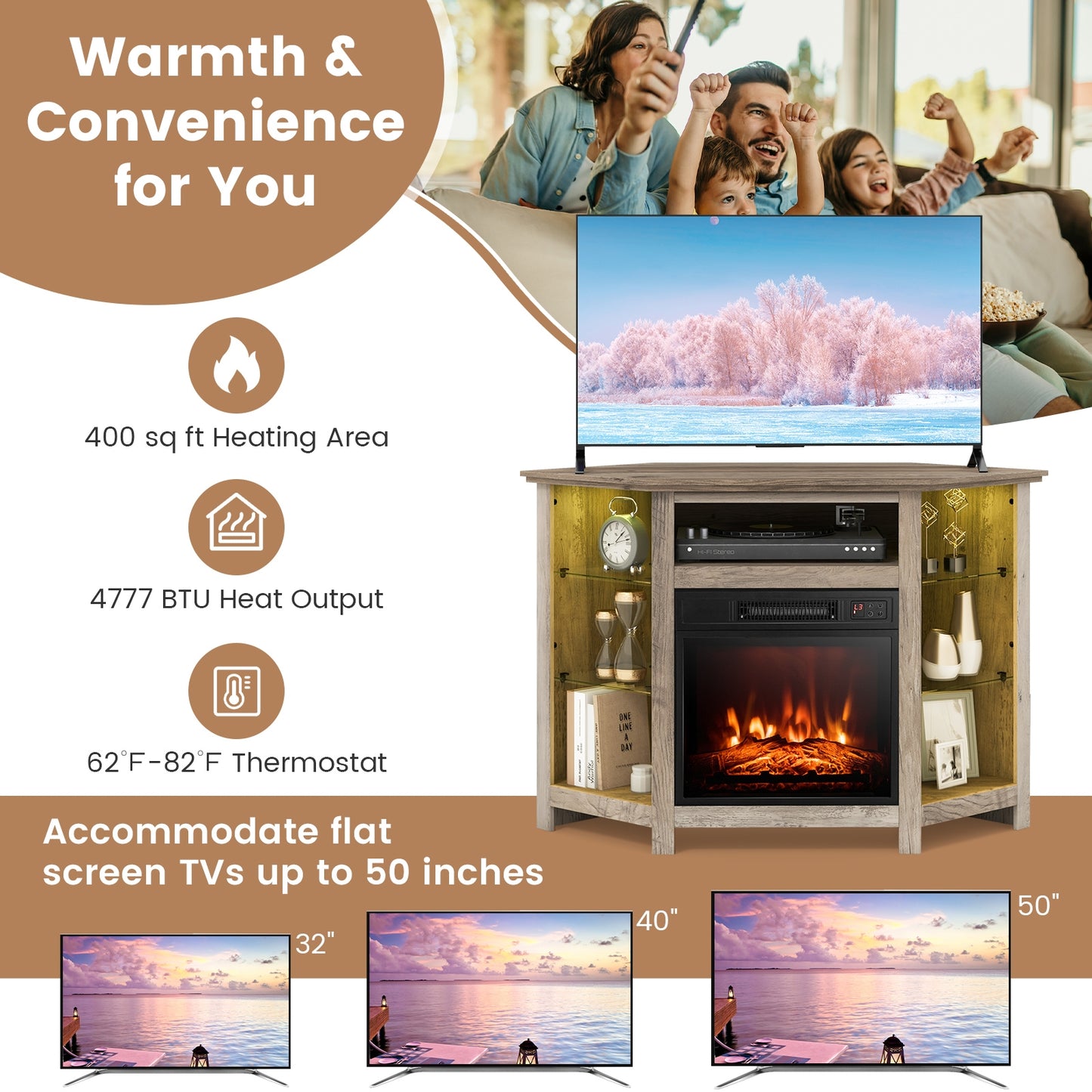 Corner TV Stand With LED Lights, Smart App Control, 50 Inches, Gray Entertainment Centers & TV Stands at Gallery Canada