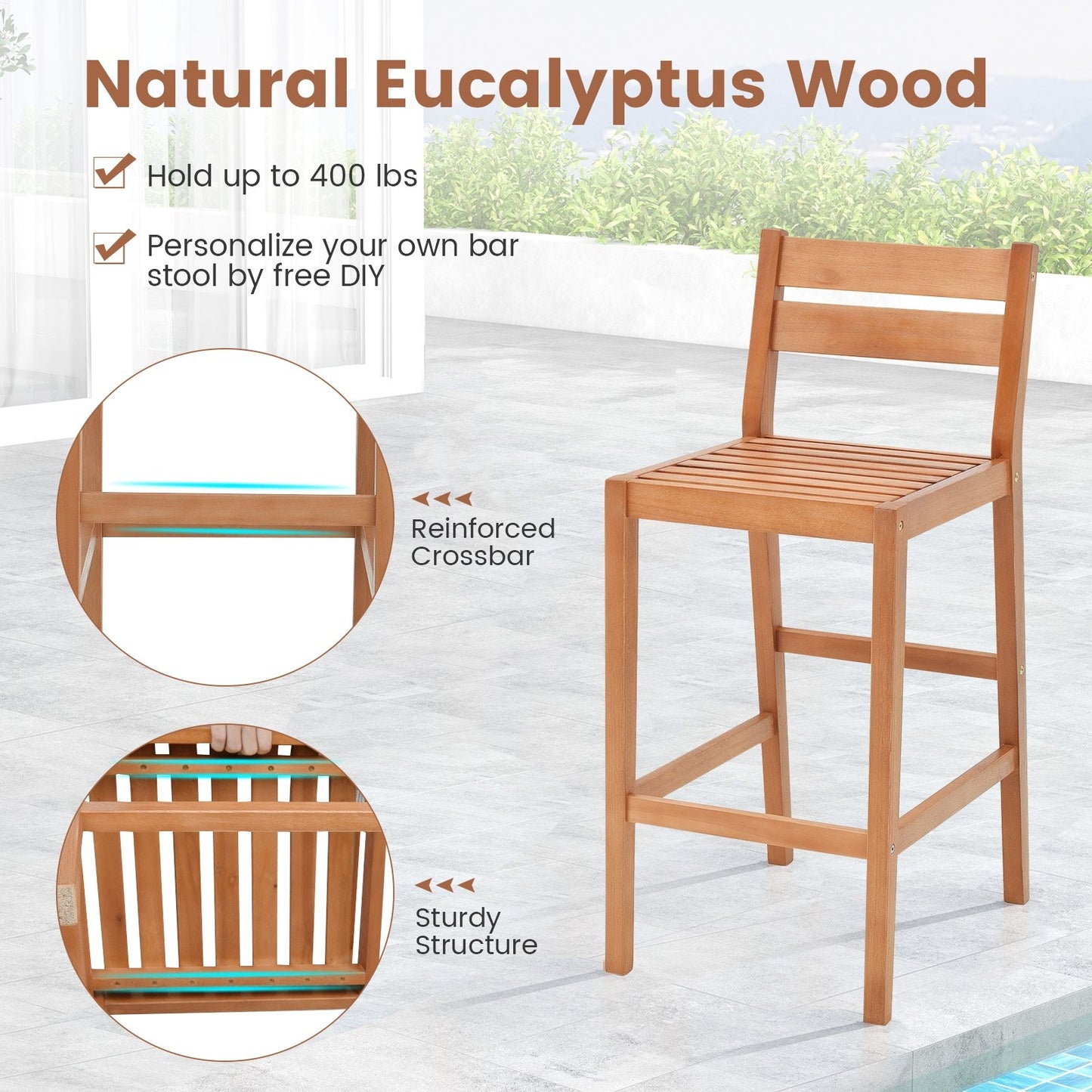 Set of 2 Outdoor Wood Barstools with Soft Seat Cushion, Off White at Gallery Canada
