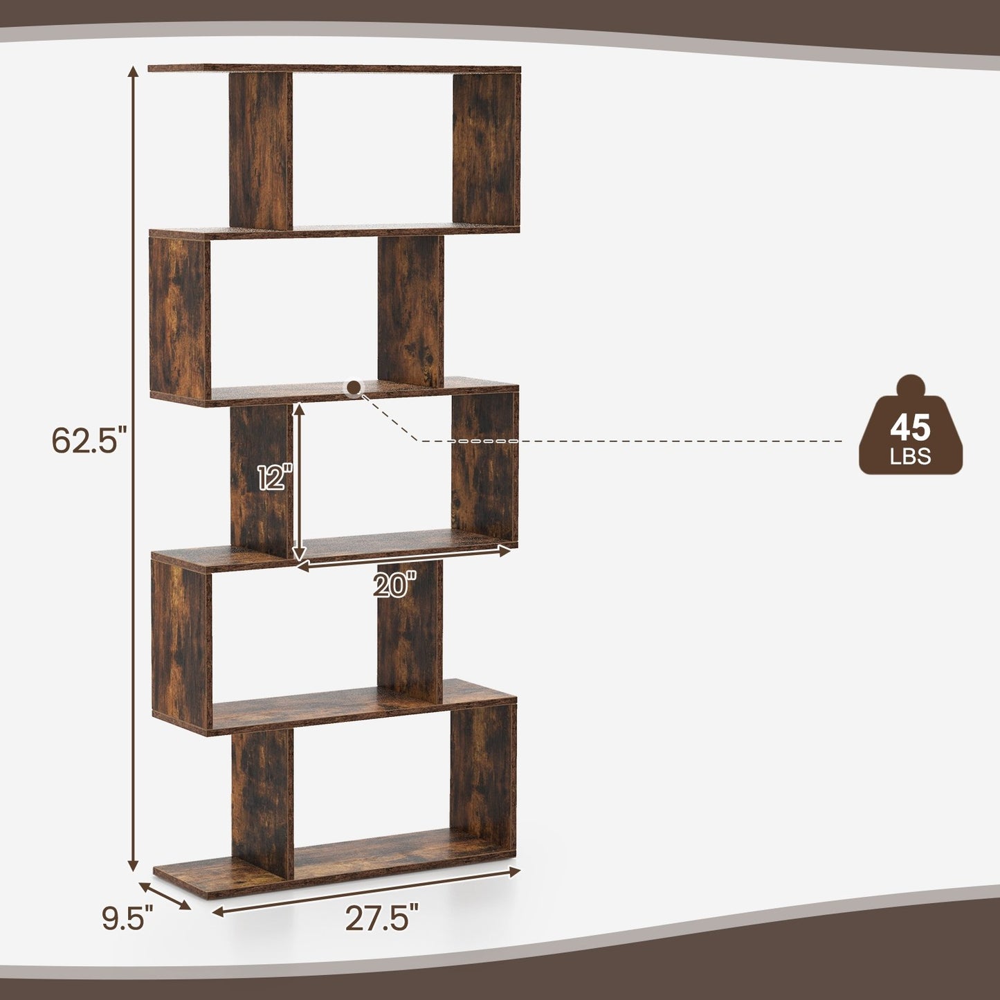 5-Tier Bookshelf with Anti-Toppling Device for Living Room Home Office, Rustic Brown