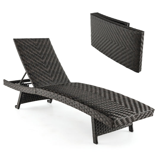 Folding Padded Rattan Patio Chaise Lounge with Adjustable Backrest and Quick Dry Foam, Brown