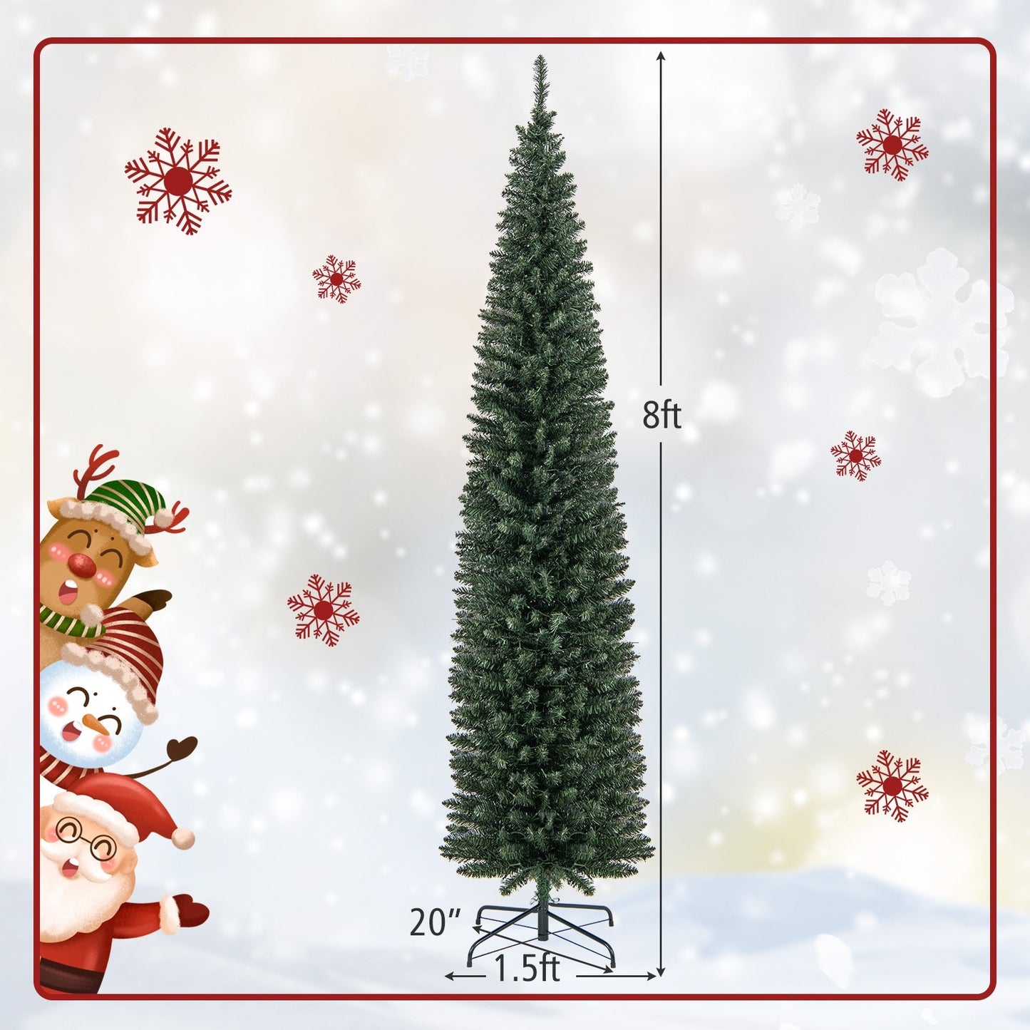 5/6/7/8/9 Feet Pre-lit Pencil Artificial Christmas Tree with 150/180/200//300/400 Warm White LED Lights-8 ft, Green
