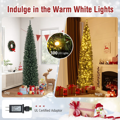 5/6/7/8/9 Feet Pre-lit Pencil Artificial Christmas Tree with 150/180/200//300/400 Warm White LED Lights-8 ft, Green