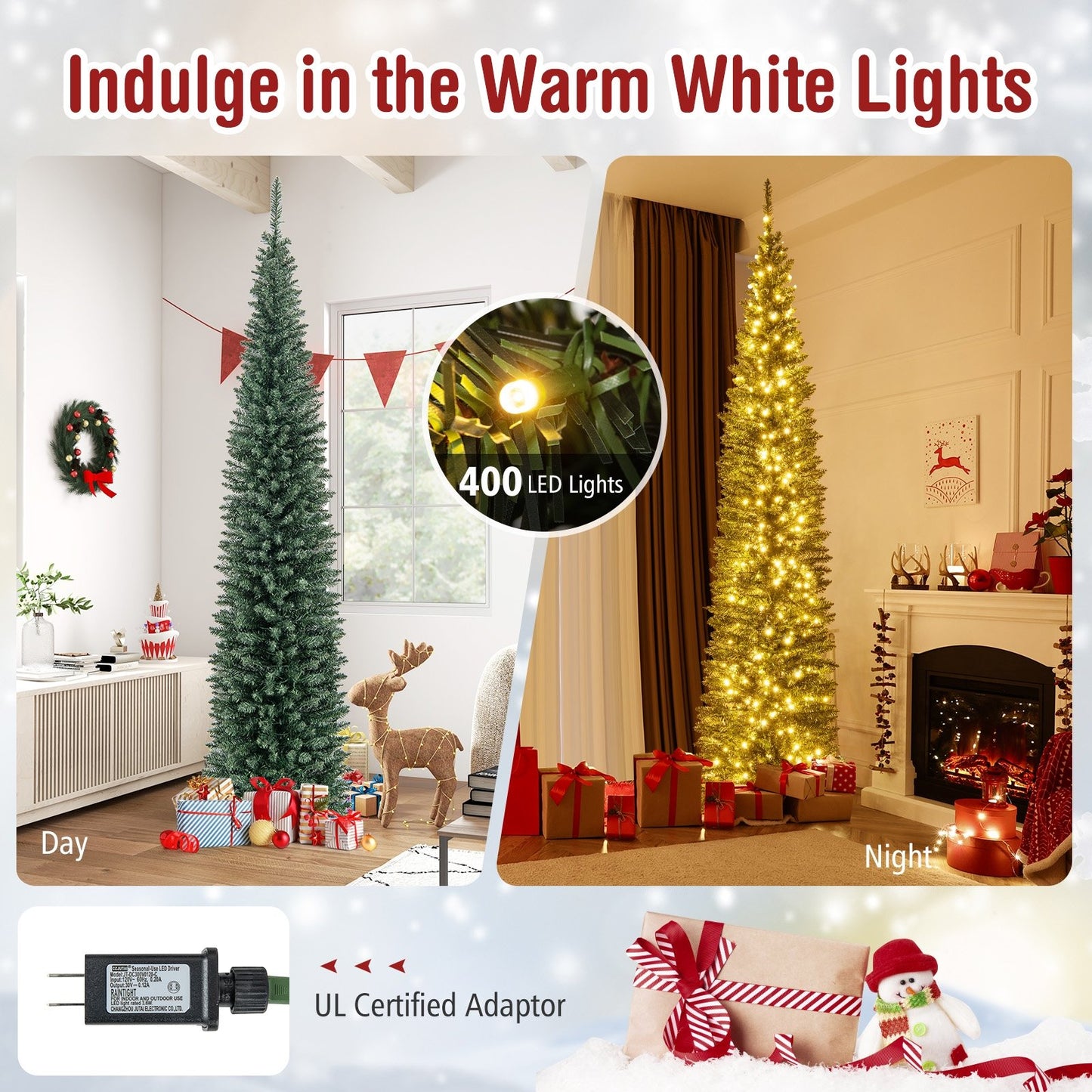 5/6/7/8/9 Feet Pre-lit Pencil Artificial Christmas Tree with 150/180/200//300/400 Warm White LED Lights-9 ft, Green