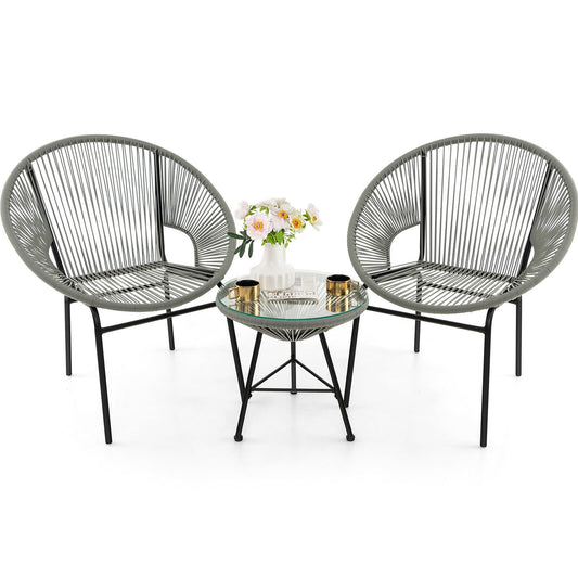 3 Pieces Patio Acapulco Furniture Bistro Set with Glass Table, Gray