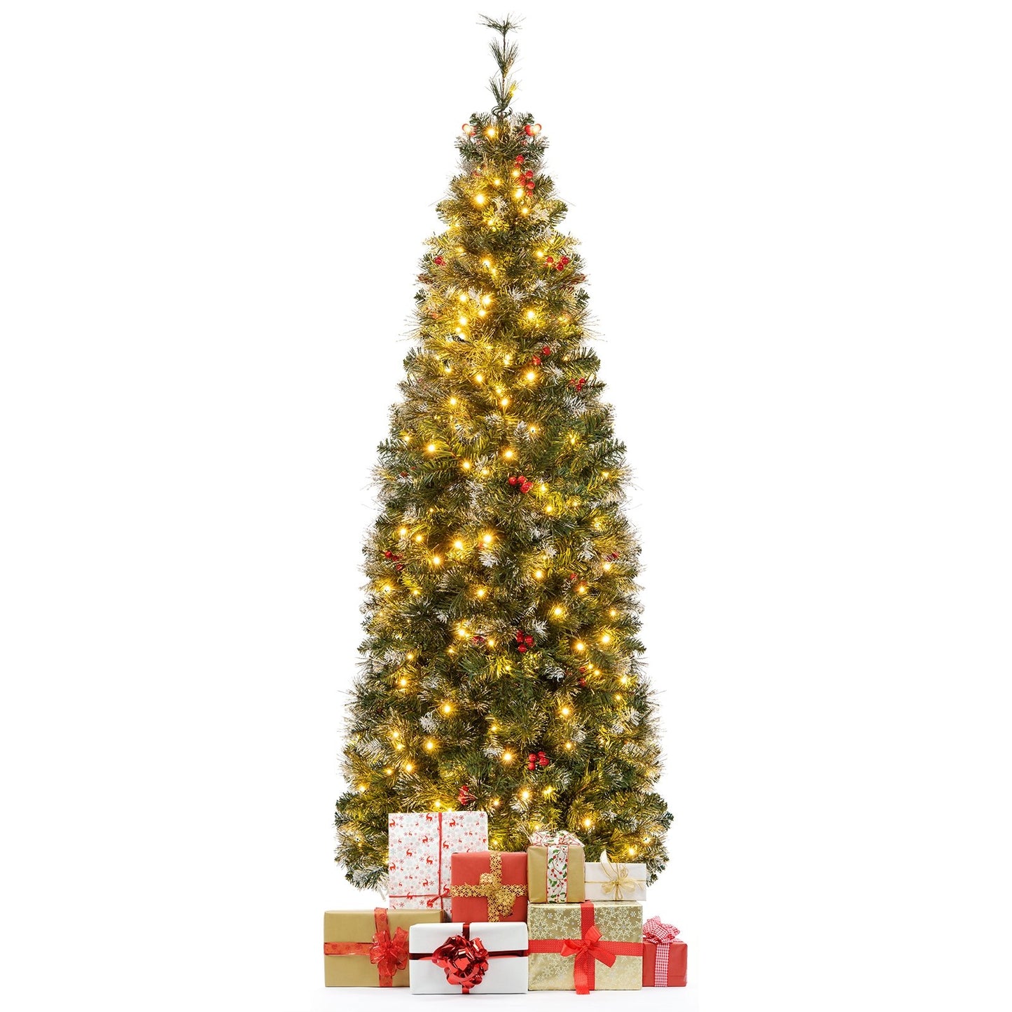 5/6/7/8/9 FT Pre-Lit Artificial Hinged Slim Pencil Christmas Tree-6 ft, Green