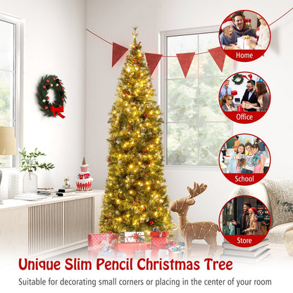 5/6/7/8/9 FT Pre-Lit Artificial Hinged Slim Pencil Christmas Tree-7 ft, Green