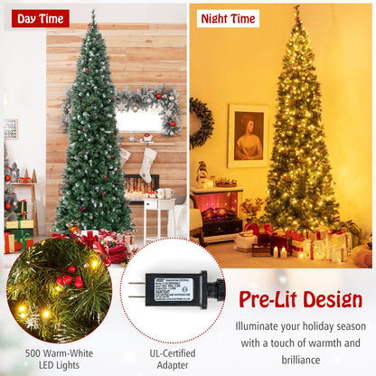5/6/7/8/9 FT Pre-Lit Artificial Hinged Slim Pencil Christmas Tree-9 ft, Green