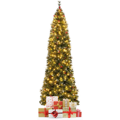 5/6/7/8/9 FT Pre-Lit Artificial Hinged Slim Pencil Christmas Tree-8 ft, Green