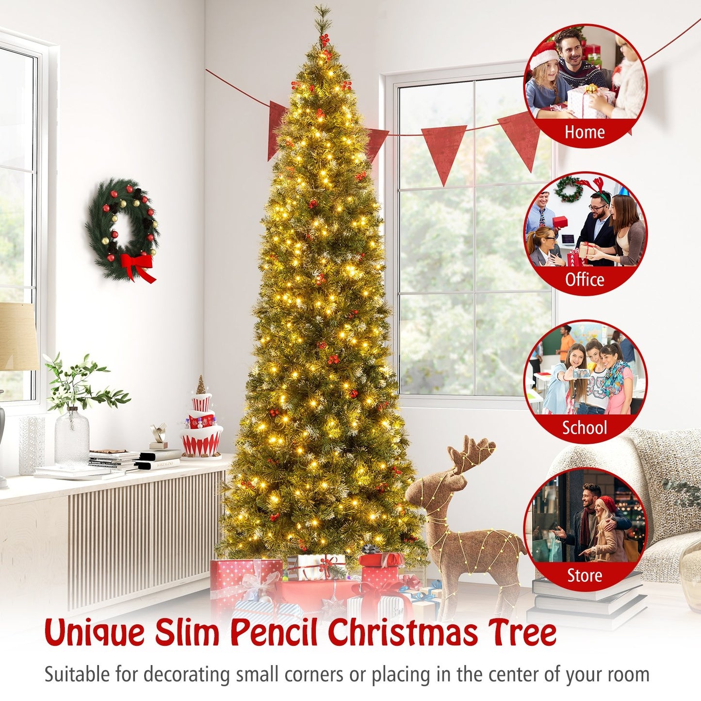 5/6/7/8/9 FT Pre-Lit Artificial Hinged Slim Pencil Christmas Tree-8 ft, Green