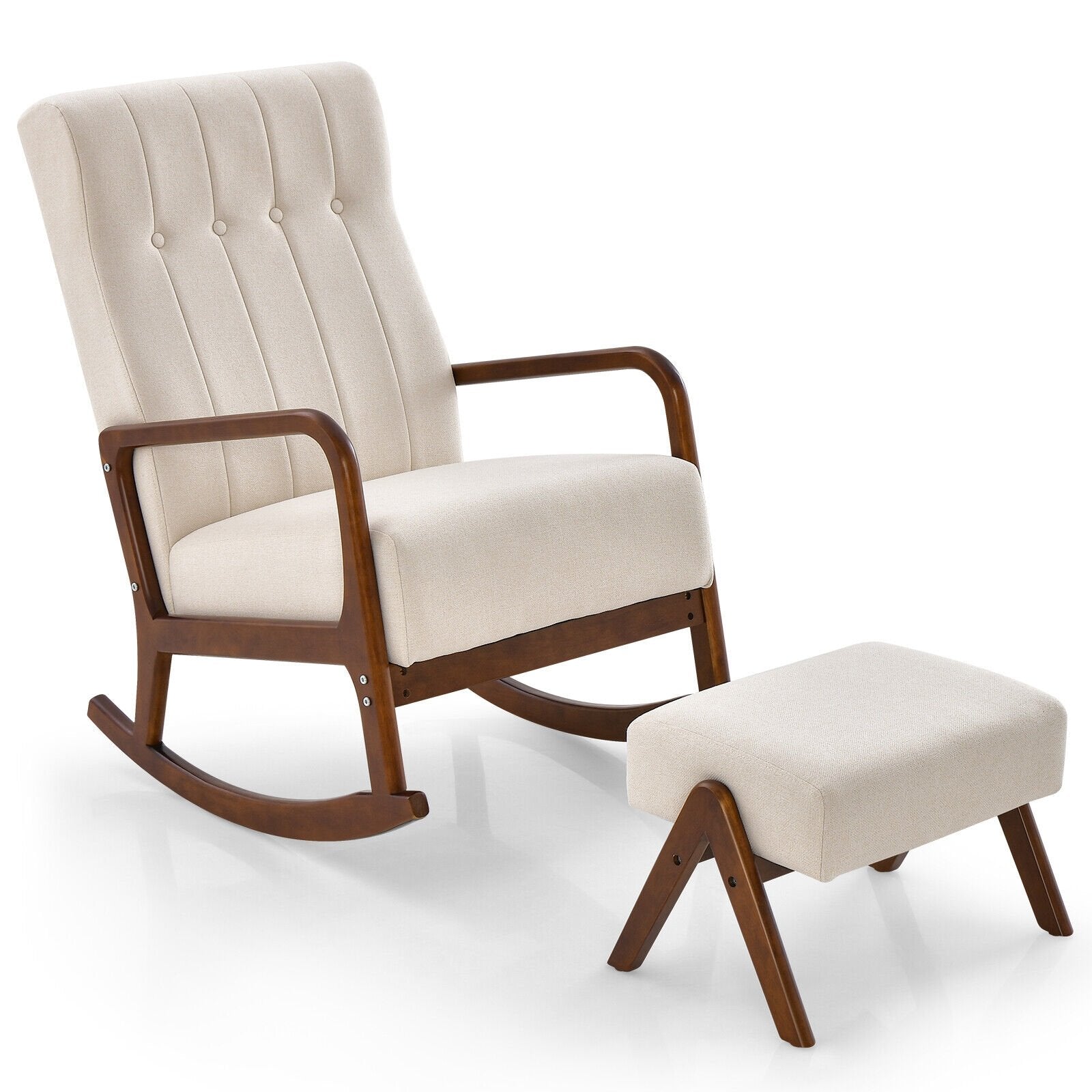 Rocking Chair with Ottoman and Solid Rubber Wood Frame and Padded Cushion, Beige at Gallery Canada