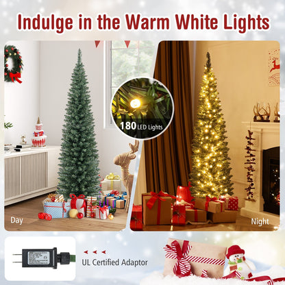 5/6/7/8/9 Feet Pre-lit Pencil Artificial Christmas Tree with 150/180/200//300/400 Warm White LED Lights-6 ft, Green