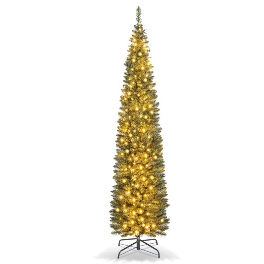 5/6/7/8/9 Feet Pre-lit Pencil Artificial Christmas Tree with 150/180/200//300/400 Warm White LED Lights-7 ft, Green