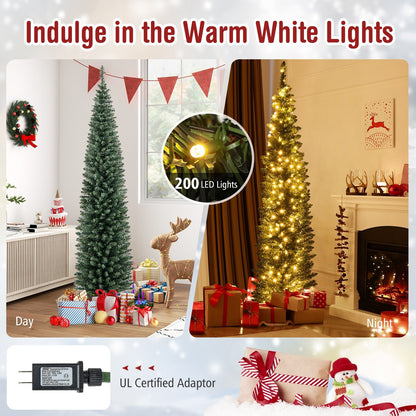 5/6/7/8/9 Feet Pre-lit Pencil Artificial Christmas Tree with 150/180/200//300/400 Warm White LED Lights-7 ft, Green