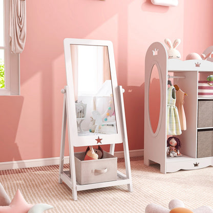 Kids Full Length Wooden Standing Mirror with Bottom Shelf and Foldable Storage Bin, White