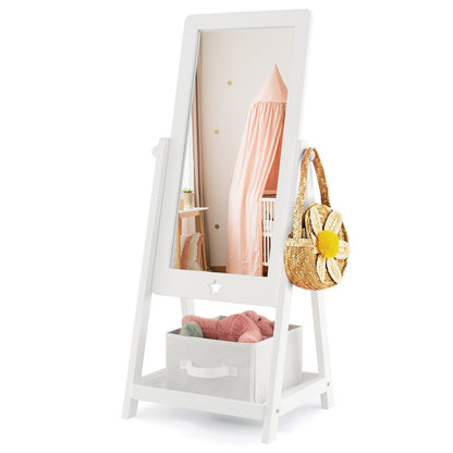 Kids Full Length Wooden Standing Mirror with Bottom Shelf and Foldable Storage Bin, White at Gallery Canada