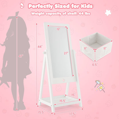 Kids Full Length Wooden Standing Mirror with Bottom Shelf and Foldable Storage Bin, White at Gallery Canada