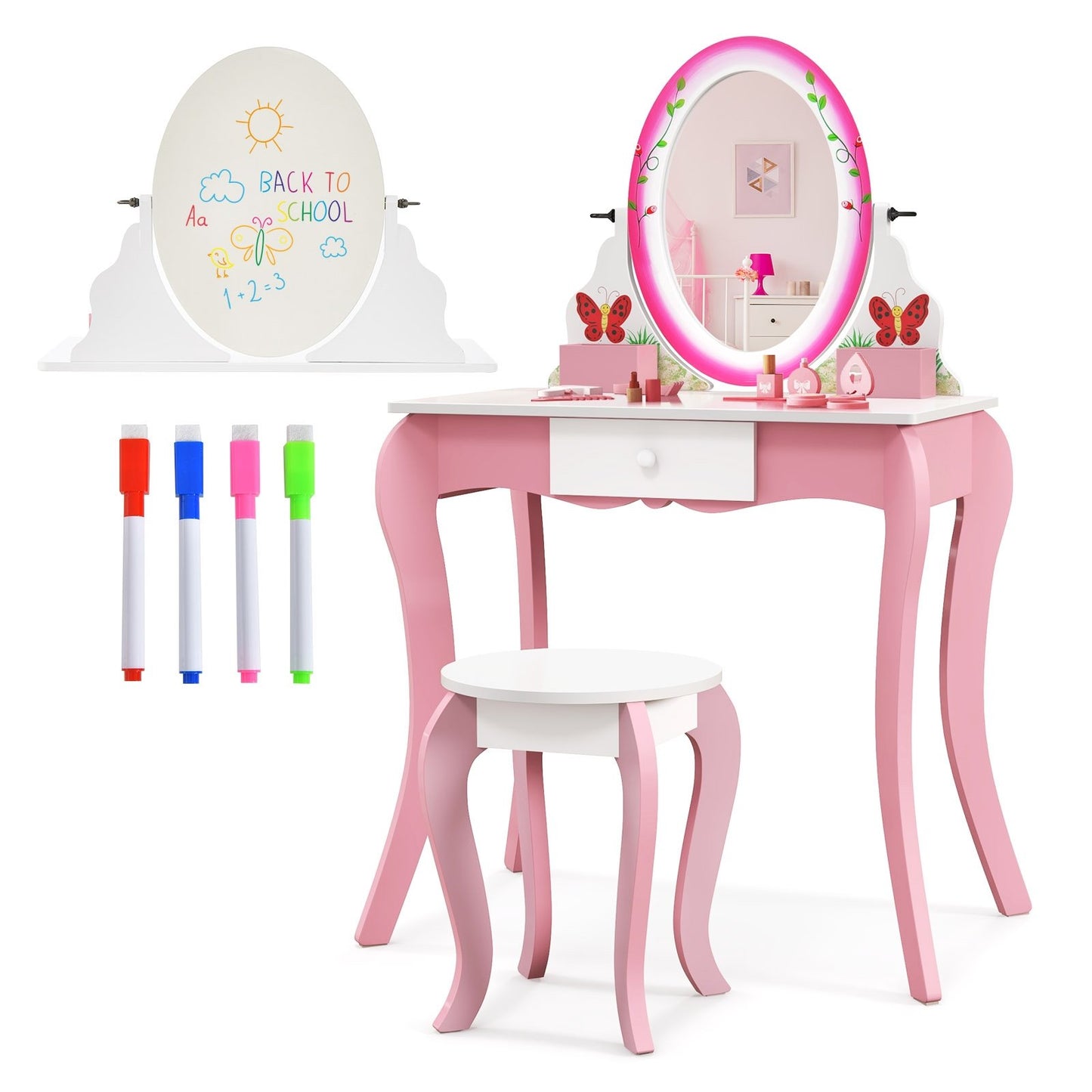 Kids Vanity Table and Stool Set with 360° Rotating Mirror and Whiteboard, Pink