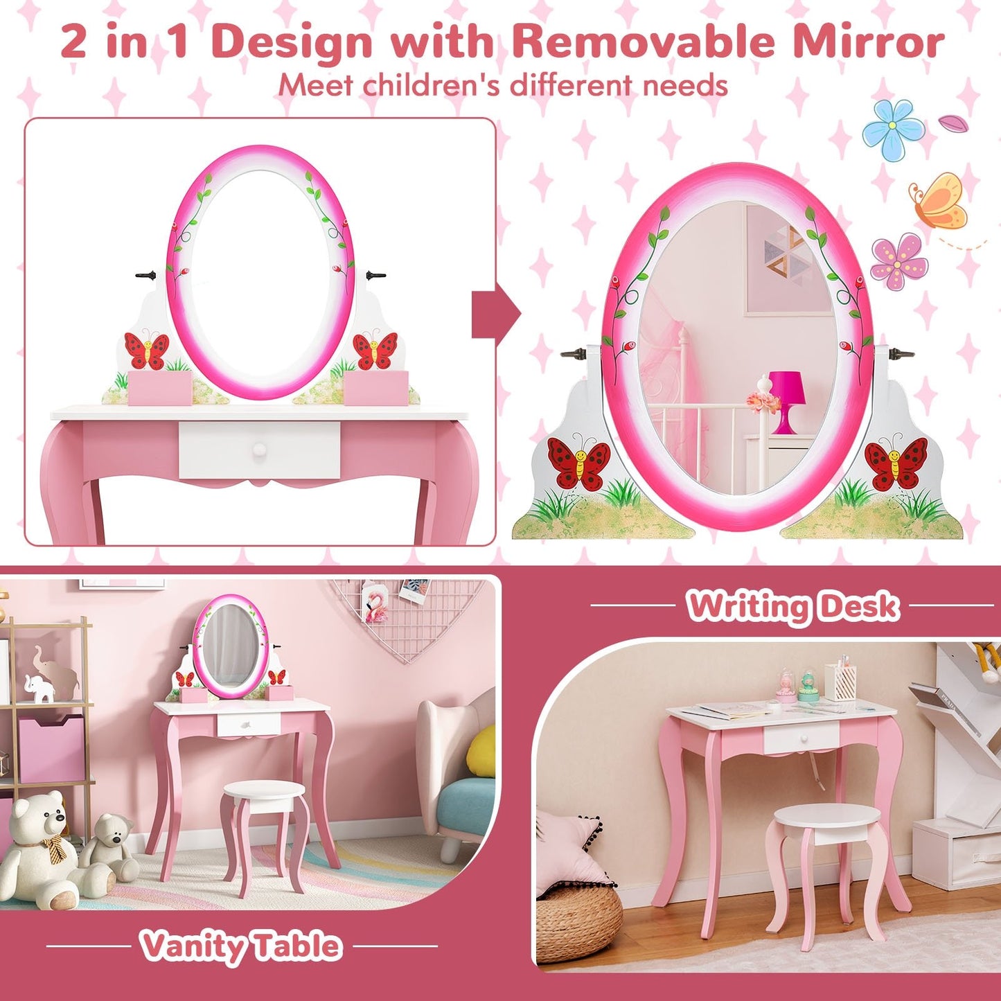 Kids Vanity Table and Stool Set with 360° Rotating Mirror and Whiteboard, Pink