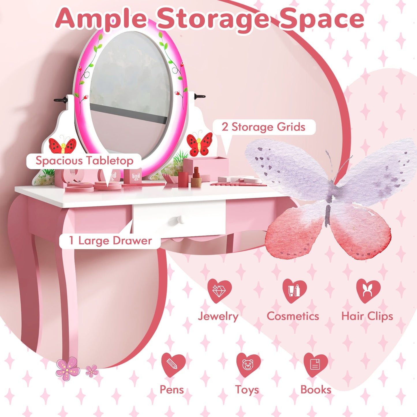 Kids Vanity Table And Stool Set, With Rotating Mirror And Whiteboard, Pink Kids Vanities at Gallery Canada