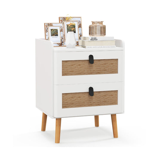 Modern End Table Bedside Table with 2 Rattan Decorated Drawers, White