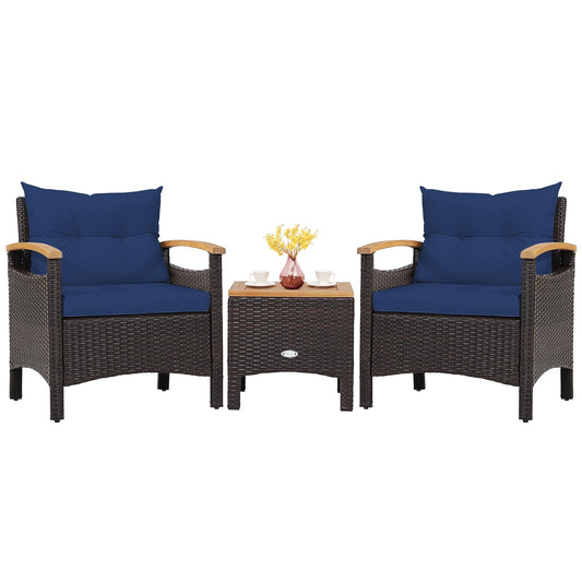 3 Pieces Patio Rattan Furniture Set with Removable Cushion, Navy