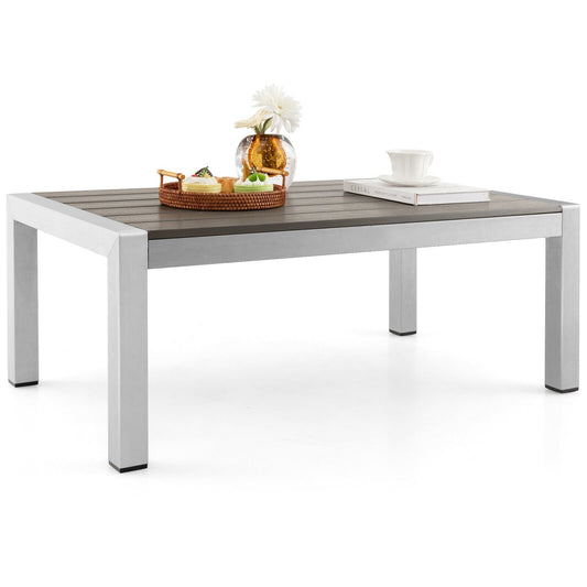 Modern Rectangular Patio Coffee Table with Plastic Wood Tabletop and Rustproof Aluminum Frame, Gray