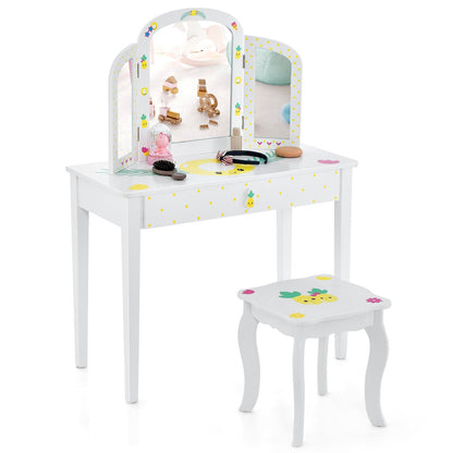 Kids Vanity Table Set with Tri-Folding Mirror and Large Drawer, White