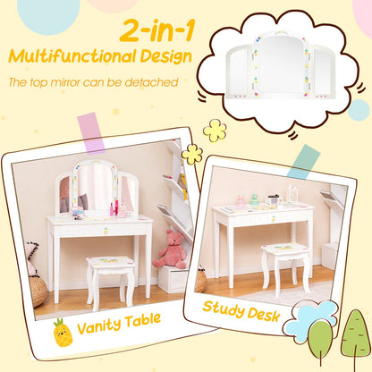 Kids Vanity Table Set with Tri-Folding Mirror and Large Drawer, White