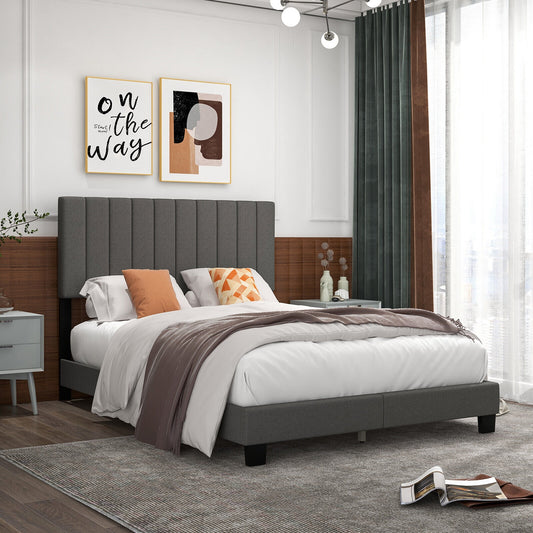 Queen Size Upholstered Bed Frame, Vertical Channel Tufted Headboard, Gray Simple Bed Frame Gray at Gallery Canada