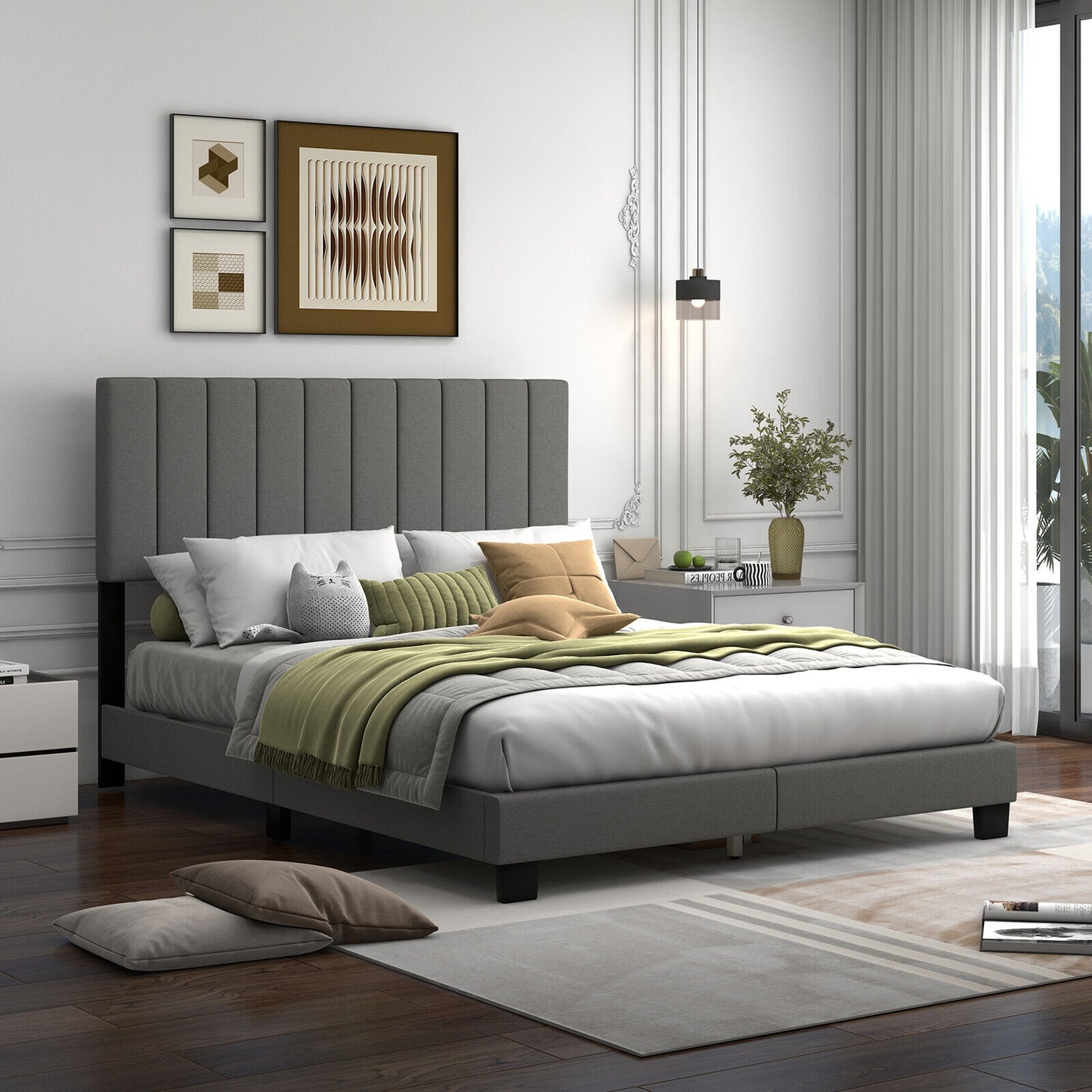 Queen Size Upholstered Bed Frame, Vertical Channel Tufted Headboard, Gray Simple Bed Frame at Gallery Canada