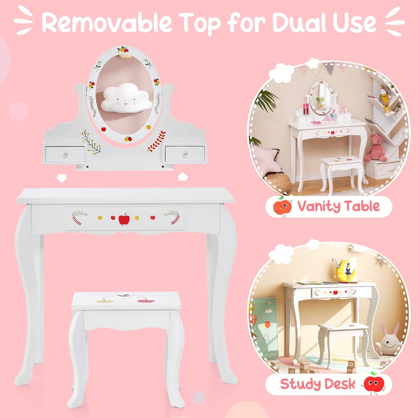 Kids Vanity and Stool Set with 360° Rotatable Mirror and Whiteboard, White