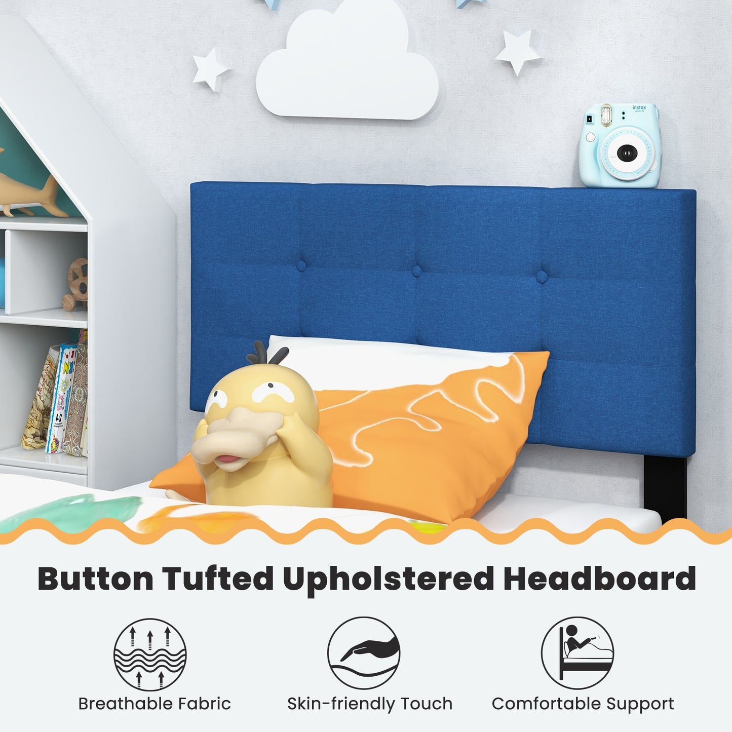 Twin Size Upholstered Platform Bed with Button Tufted Headboard, Blue Simple Bed Frame at Gallery Canada