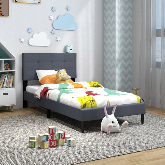 Twin Size Platform Bed With Button Tufted Headboard, Gray Simple Bed Frame Gray at Gallery Canada