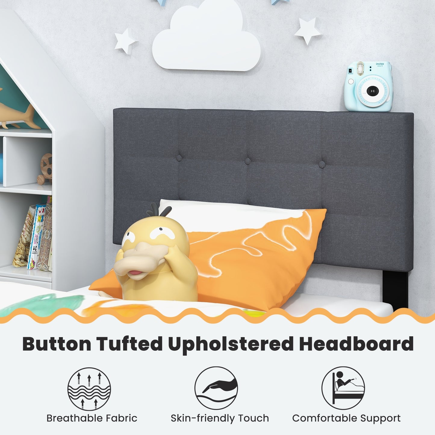 Twin Size Upholstered Platform Bed with Button Tufted Headboard, Gray Simple Bed Frame at Gallery Canada