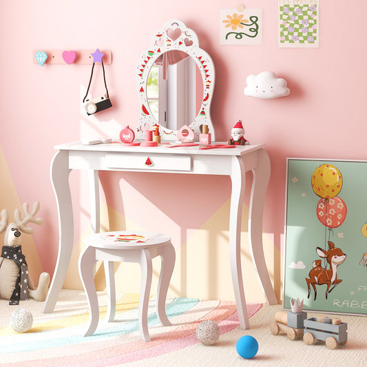 2 in 1 Children Pretend Makeup Vanity Set with Removable Mirror and Storage Drawer, White Kids Vanities White at Gallery Canada