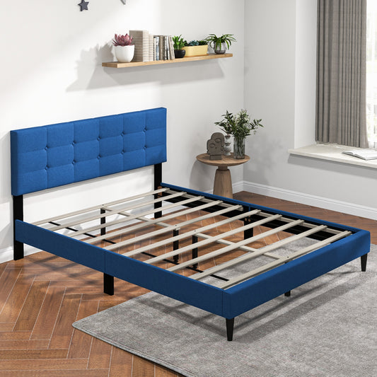 Queen Size Platform Bed, Button Tufted Headboard, Blue