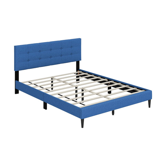 Queen Size Upholstered Platform Bed with Button Tufted Headboard, Blue