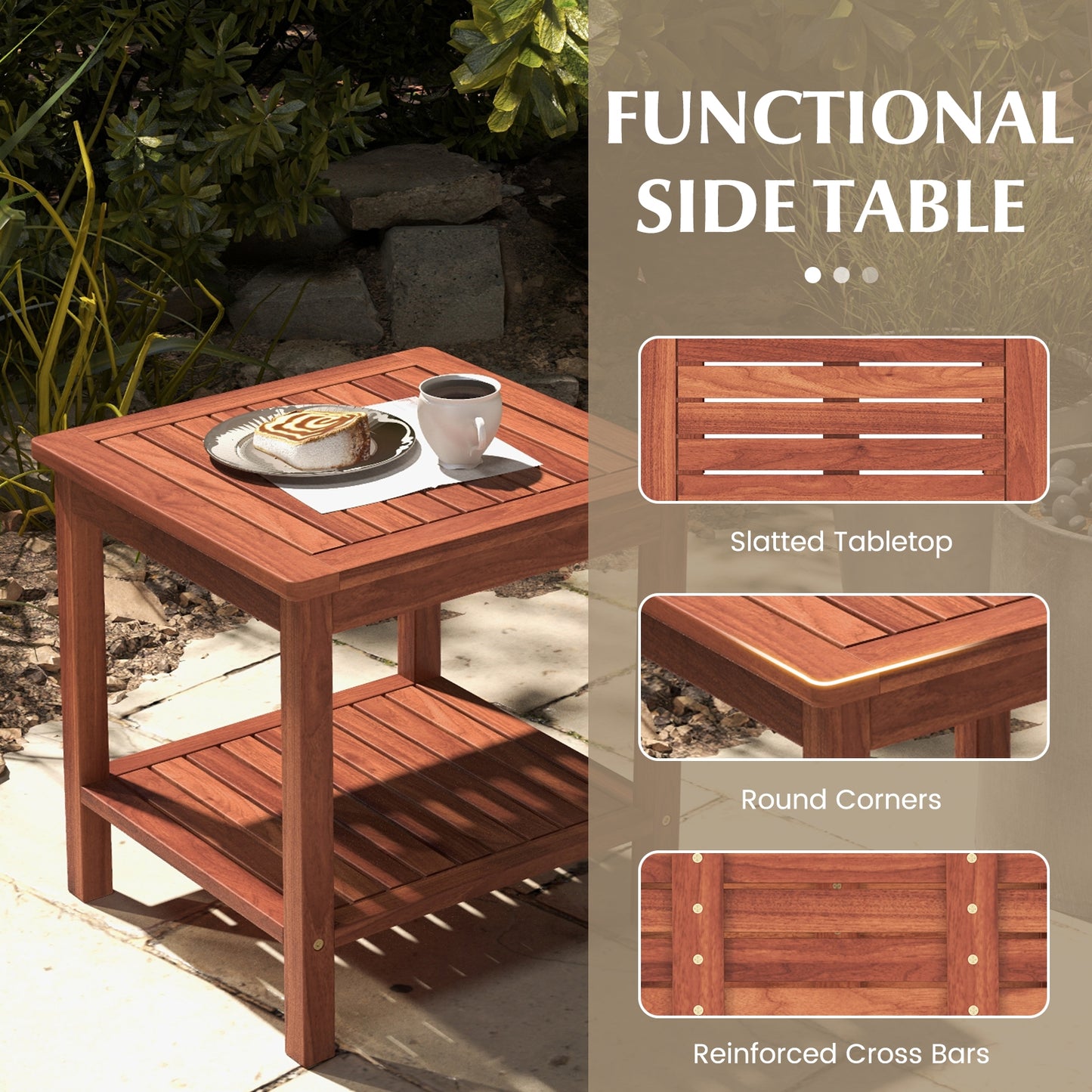 Double-Tier Acacia Wood Patio Side Table, Natural Patio Coffee Tables at Gallery Canada